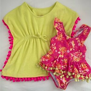 Betsey Johnson Kids Neon Yellow & Pink Terry Cloth Coverup & Floral Swimsuit 2T